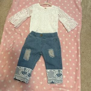 Lace-Trimmed White Top with Snaps and Blue Denim Pants Set
